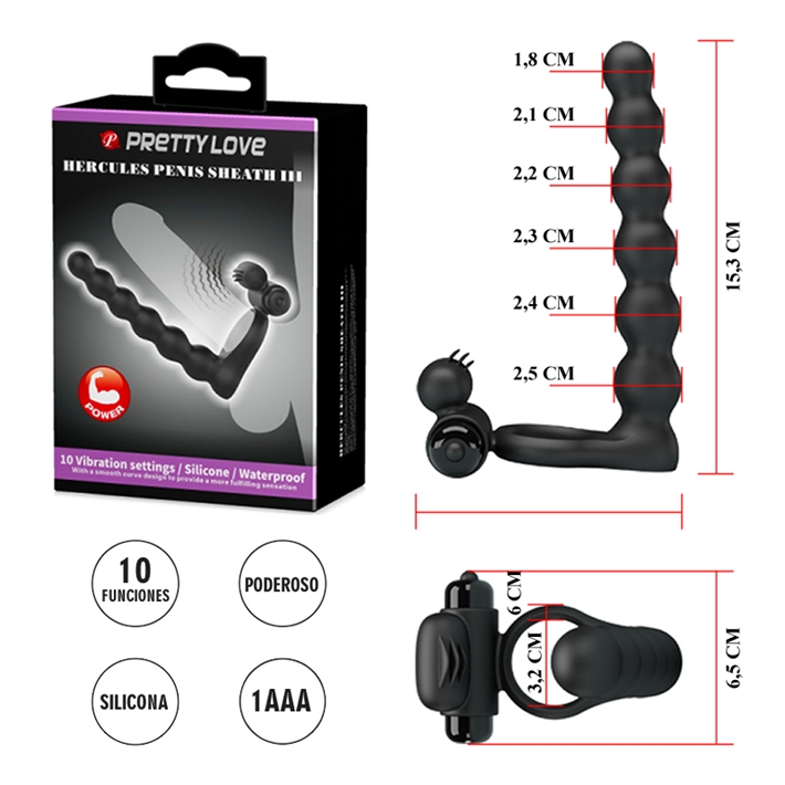 PRETTY LOVE Hercules anillo con vibrador para doble penetración - PILAS